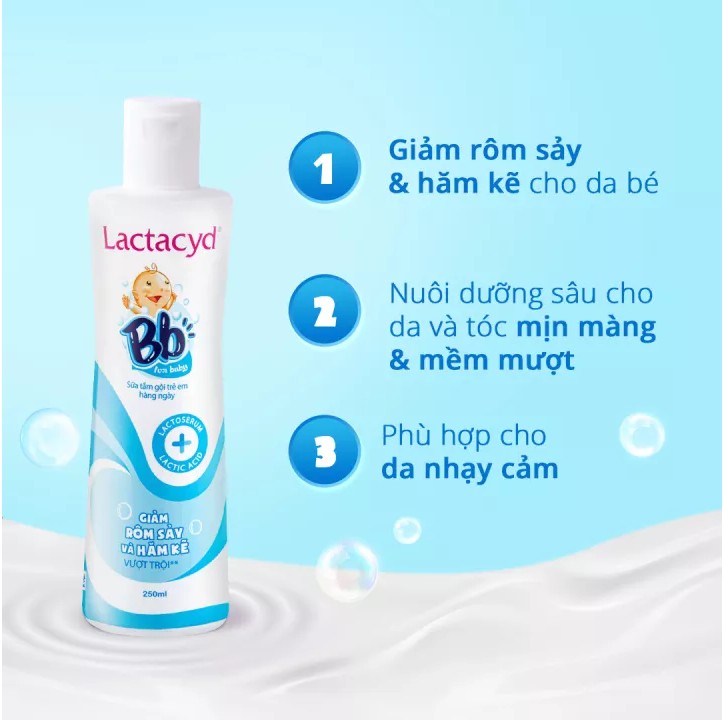 Sữa tắm gội trẻ em Lactacyd BB Chai 250 ml- Hỗ trợ điều trị rôm sảy, hăm kẽ cho bé