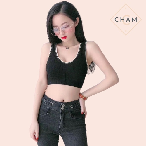Áo bra tập Gym và Yoga dáng croptop, áo tập thể thao viền kẻ vai bản + kèm mút nâng ngực