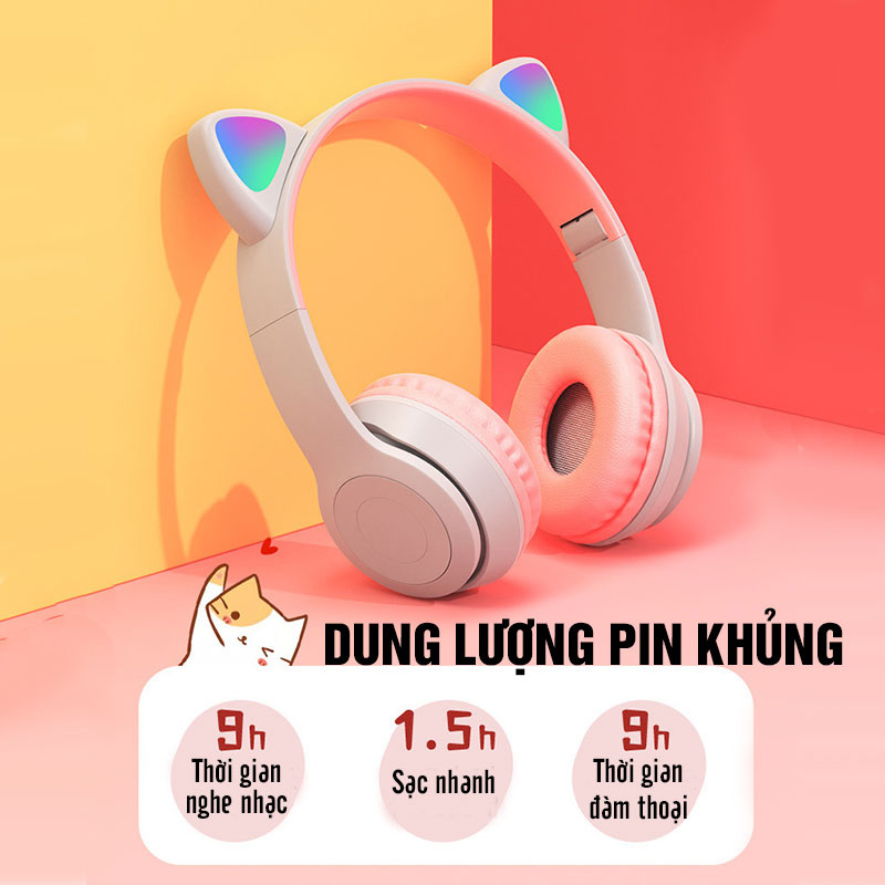 Tai Nghe Mèo Bluetooth , Headphone Tai Mèo Dễ Thương Có Mic,Âm Bass Mạnh Mẽ Và Pin 400mAh Nghe Liên Tục 9H LengendBass