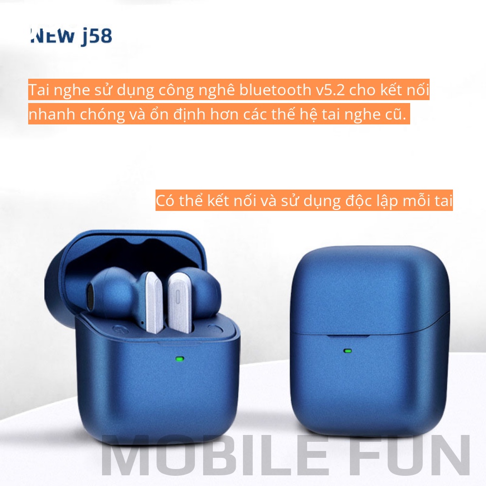 Tai nghe TWS Bluetooth J58 điều chỉnh âm lượng, tai nghe J58 không dây có mic đàm thoại âm thanh trầm ấm pin trâu