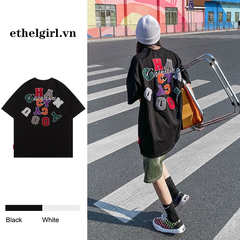 Áo Thun Tay Ngắn Cổ Tròn Dáng Rộng Thêu Họa Tiết Thời Trang Cho Nữ