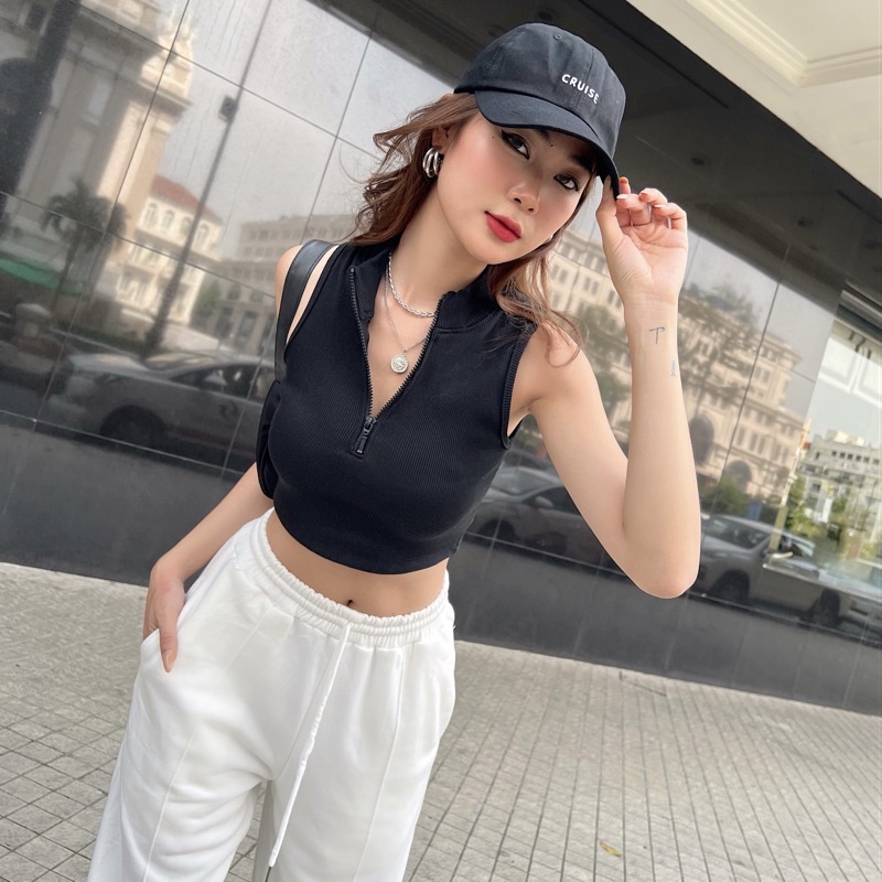 Áo croptop nữ trơn TOPTIFY sát nách dây kéo cổ lọ thun bo gân co giãn My Sunshine Top AC238