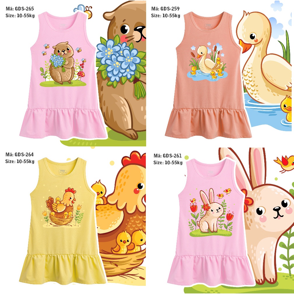 Đầm thun bé gái size nhỏ, trung, đại 11-55kg, giao mẫu ngẫu nhiên