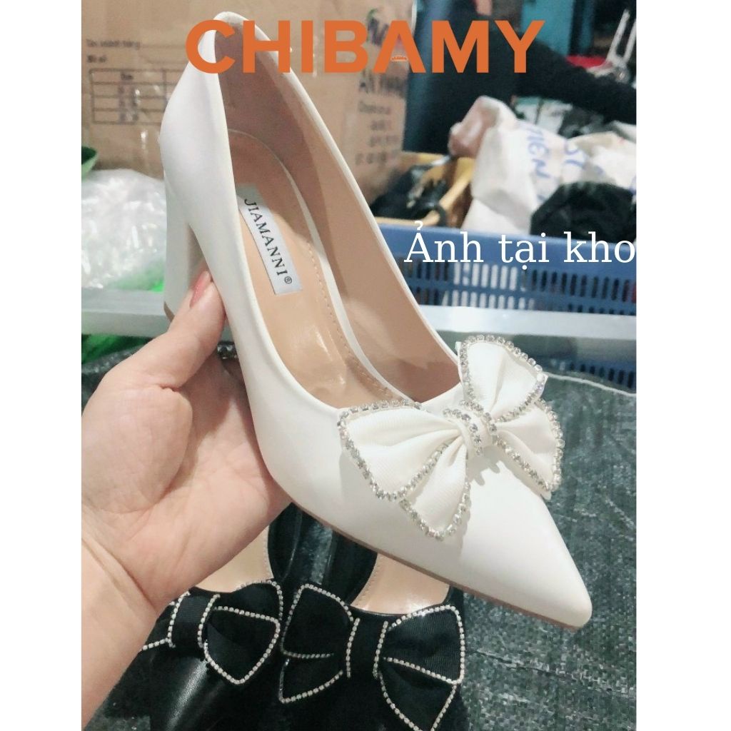 Giày cao gót nữ đính nơ 7cm CHIBAMY, giày nữ công sở mũi nhọn chất da mềm mã CG02