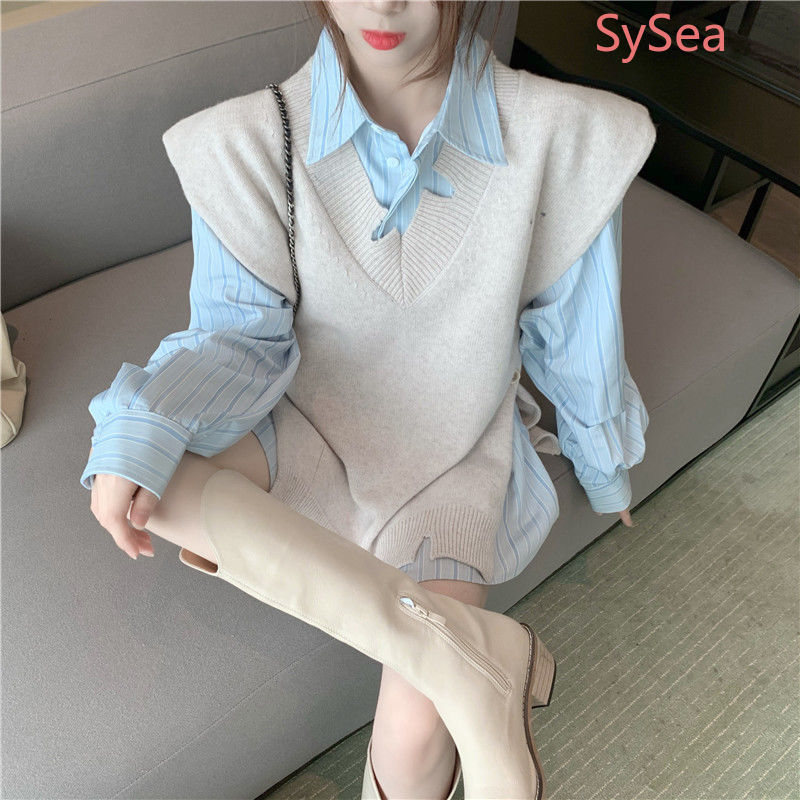 Set Áo Sơ Mi Dài Tay + Áo Khoác Len Không Tay Thời Trang Dành Cho Nữ | BigBuy360 - bigbuy360.vn