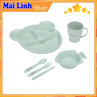 Bộ 6 món khay ly muỗng nĩa chén đũa lúa mạch an toàn - màu ngẫu nhiên