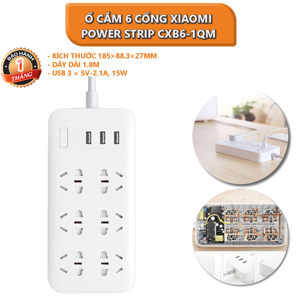 Ổ cắm 6 cổng Xiaomi Power Strip CXB6-1QM - Bảo Hành 1 Tháng