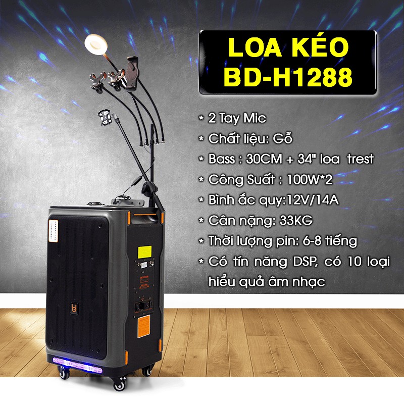 Loa Kẹo Kéo Chính Hãng BD-H1288 Loa Bluetooth Công Suất 100W*2 Tặng Kèm 2 Micro Không Dây Bảo Hành 12 Tháng