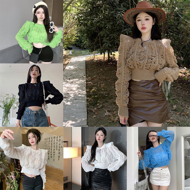Áo Croptop Dệt Kim Tay Dài Cổ Tròn Màu Trơn Thời Trang Phong Cách Hàn Quốc Cho Nữ
