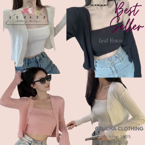 Set áo khoác Gân mỏng Cardigan kèm áo 2 dây( Video thật),Set Áo Hai Dây + Áo Khoác Cardigan Màu Trơn Thời Tran | BigBuy360 - bigbuy360.vn