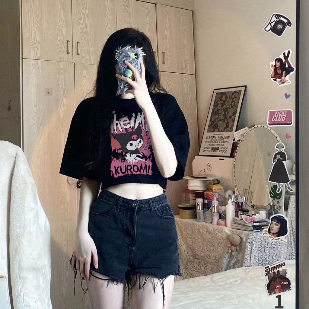 2022 Summer New Cartoon Anime Kulomi Print Black Short-sleeved T-shirt Female College Wind Top Couple Wear Ins Tide