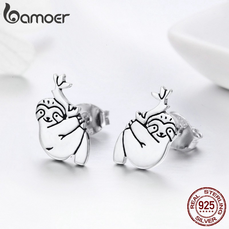 Khuyên tai Bamoer chất liệu bạc hình chú lười đáng yêu cho nữ