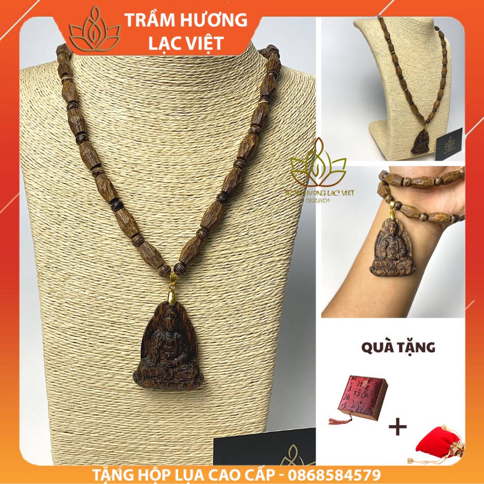 Vòng Cổ Trầm Hương Sánh Chìm Mặt Quan Thế Âm Ngồi Đài Sen | Trầm Cao Cấp
