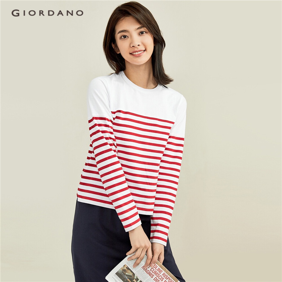 Áo thun GIORDANO 13321802 tay dài phối sọc chất vải thoáng khí cho nữ