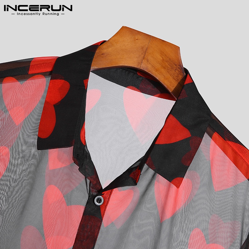 Áo sơ mi INCERUN dài tay hình trái tim nhìn xuyên qua quyến rũ nam tính