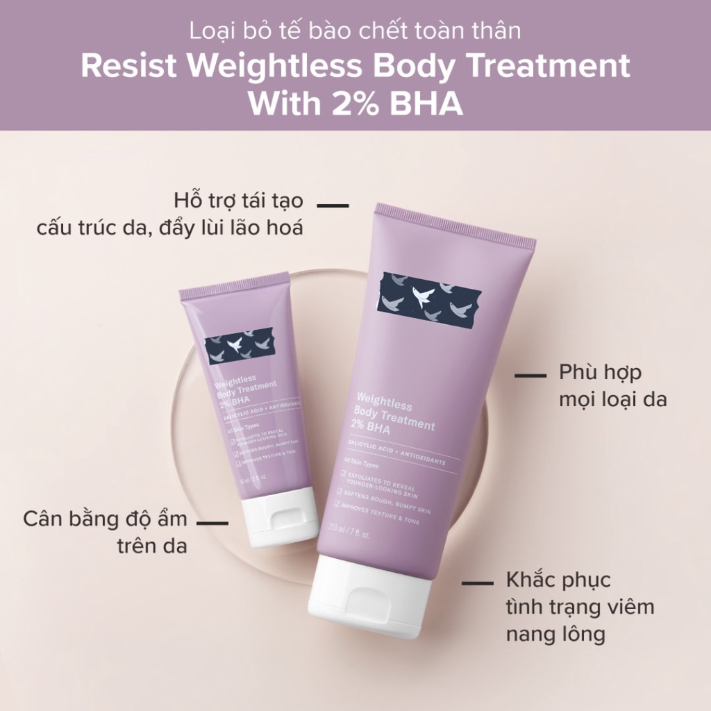 Kem dưỡng thể giảm viêm lỗ chân lông chứa 2% BHA PC Resist Weightless Body Treatment 210ml