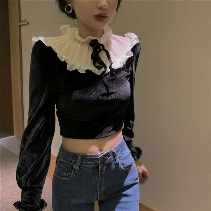 Áo croptop tay dài phối lưới voan vải nhung dây cổ bèo ulzzang ( 2 màu )