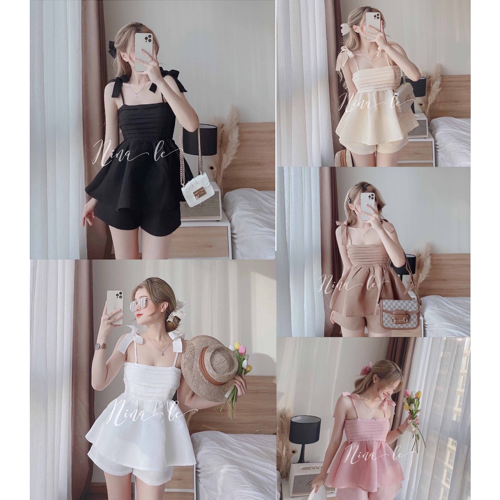 SA006 Set áo babydoll chất xốp Bộ áo 2 dây buộc nơ xếp ly quần short ngắn cute bánh bèo dễ thương nữ tính