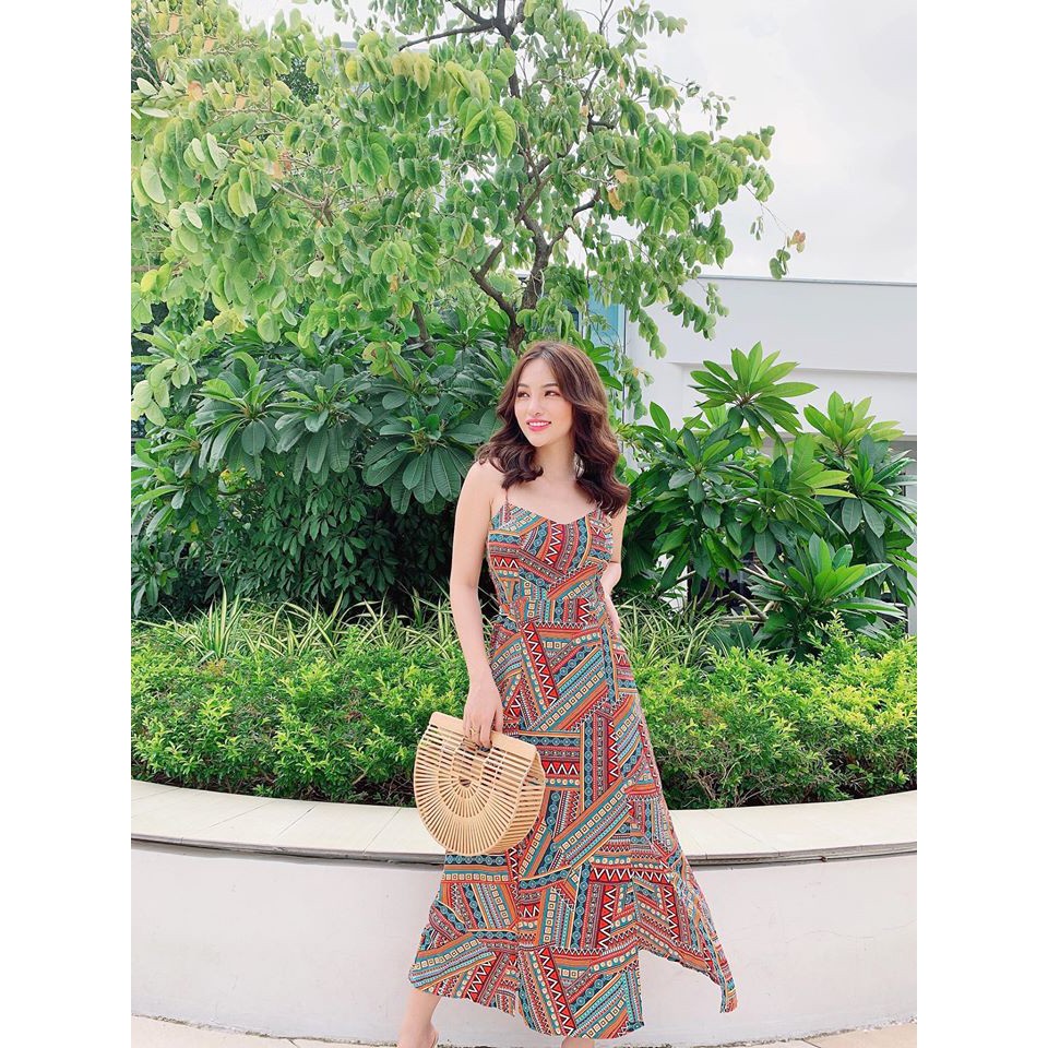Đầm maxi thổ cẩm đan lưng chật liệu lụa hawaii phù hợp đi biển, dạo phố họa tiết sang xịn