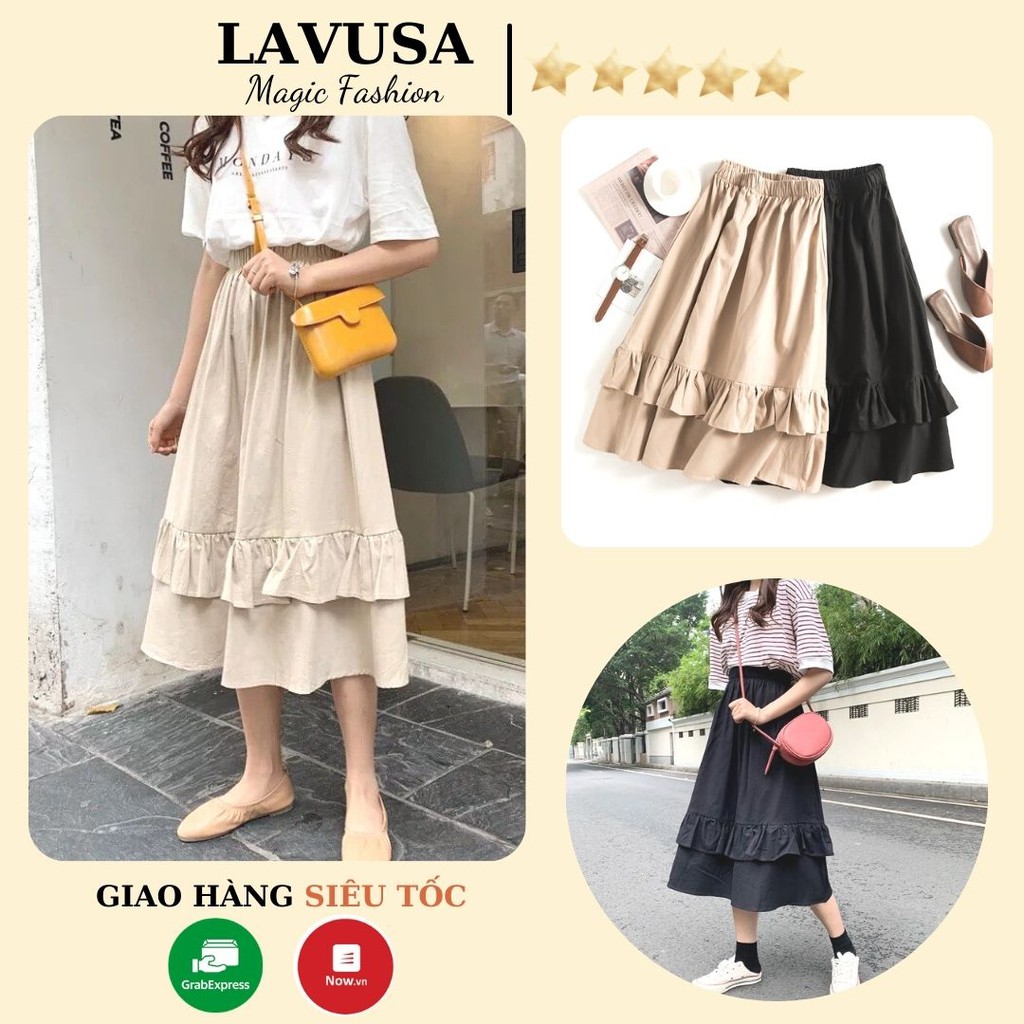 Chân Váy Midi Nữ Vintage 🦋 Chân Váy Vạt Bèo 2 Tầng 3 Màu Siêu Xinh LAVUSA CV25