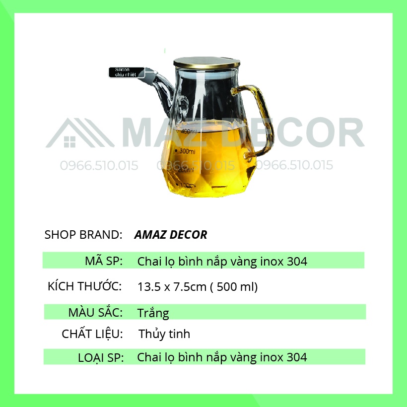 Giá sỉ Chai lọ bình nắp vàng inox 304 đựng dầu ăn, nước tương, nước mắm thủy tinh chia vạch chịu nhiệt độ cao 500ml