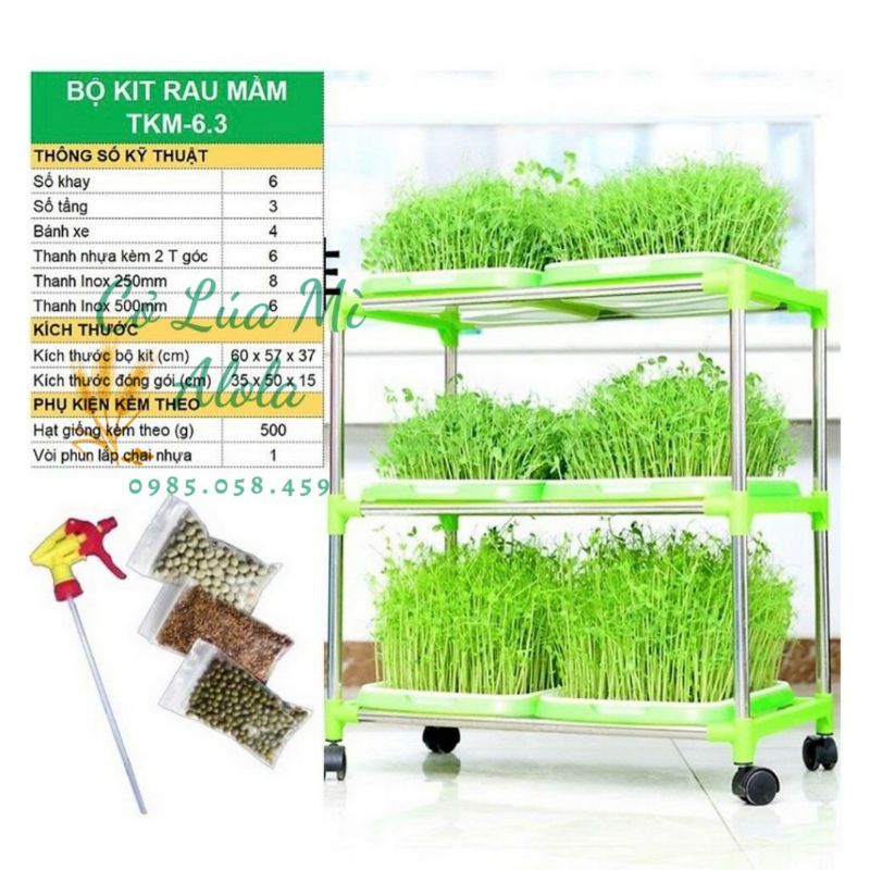 Bộ kít trồng rau mầm, cỏ lúa mì thủy canh chuyên dụng 6 khay 3 tầng