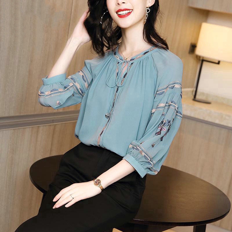 Chiffon  Shirt, Women's tops, 3/4 sleeved printing shirt, Temperament loose creative clothes, Size M-3XL, Blue, OL commute style【lyfs】