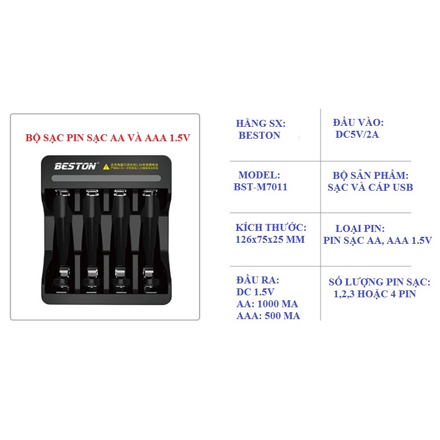 Pin Sạc Beston Li-ion 1.5V AA , AAA  và Bộ Sạc Beston Tự Ngắt Có Đèn Báo Khi Đầy