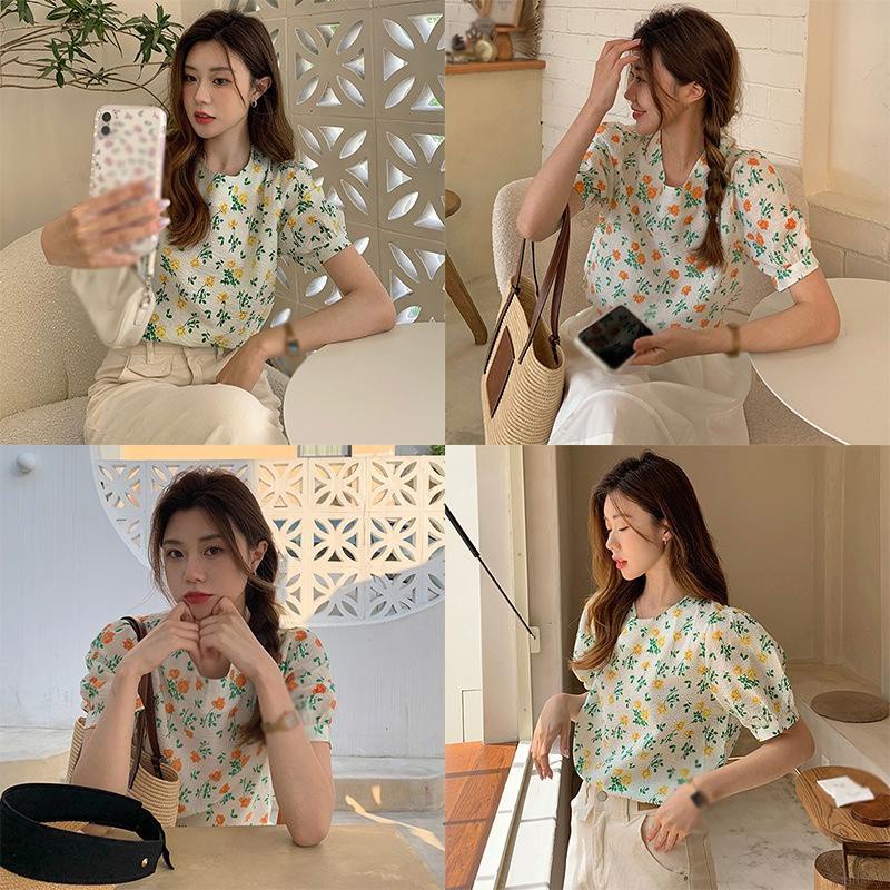 Áo Sơ Mi Hoa Tay Phồng Cổ Tròn Trong Suốt Phong Cách Hàn Quốc Thời Trang Mùa Hè Cho Nữ