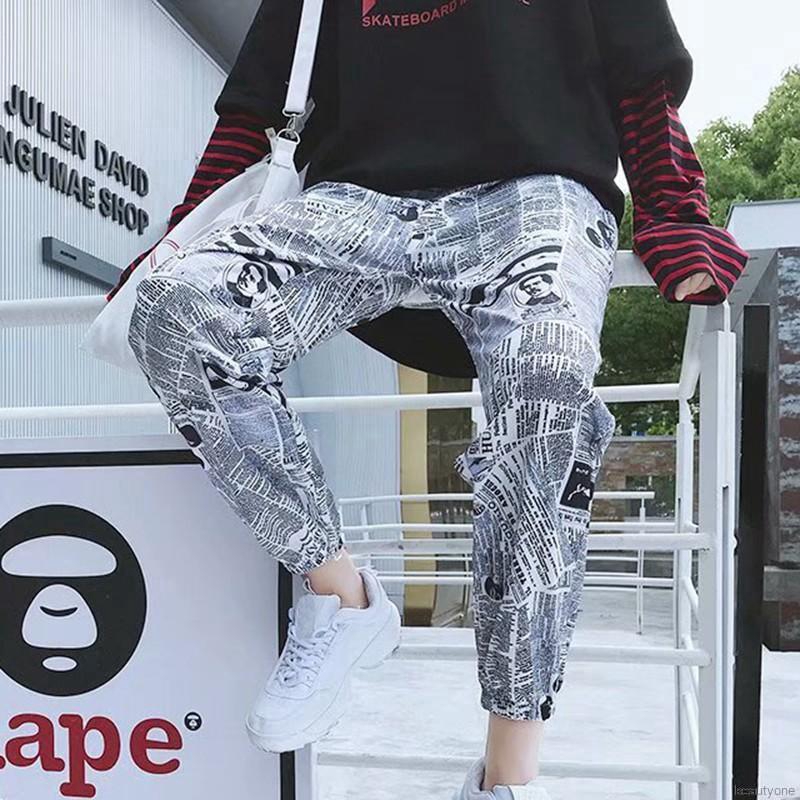 Quần dài lưng thun rút dây họa tiết báo chí phong cách Hàn Quốc cho nữ | BigBuy360 - bigbuy360.vn