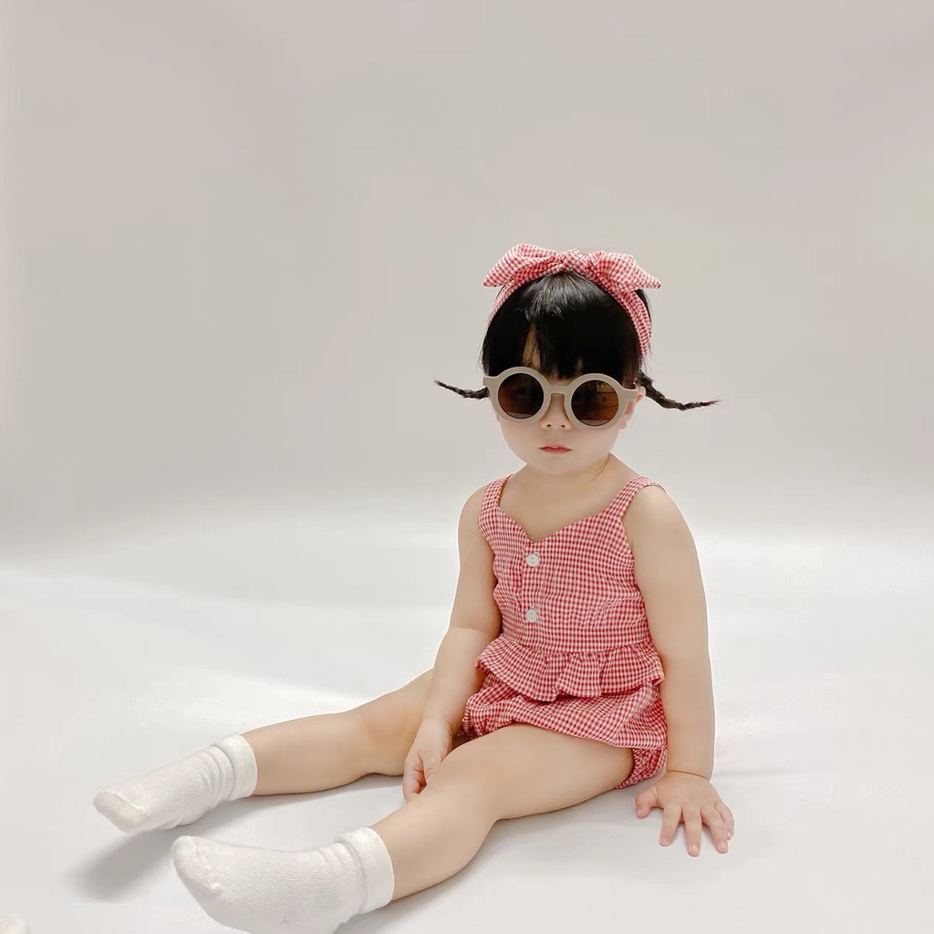 Áo liền quần hai dây họa tiết kẻ sọc caro và băng đô thời trang mùa hè dành cho bé gái sơ sinh