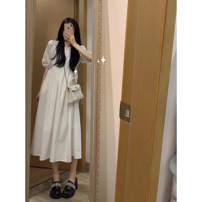 Đầm nữ tay bồng vintage dài qua gối  phong cách nhẹ nhàng dễ thương