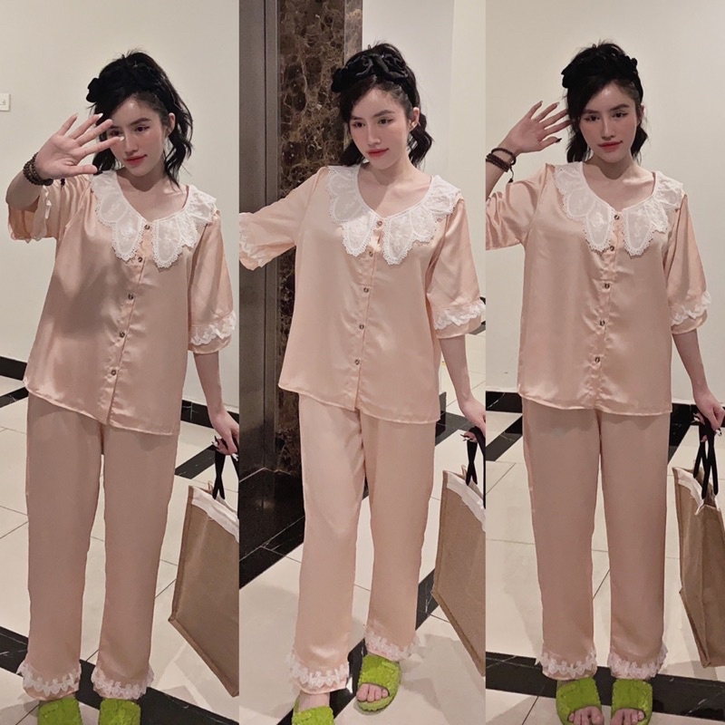 Đồ bộ tiểu thư mặc nhà LỤA SATIN phối ren tay lỡ quần dài cao cấp