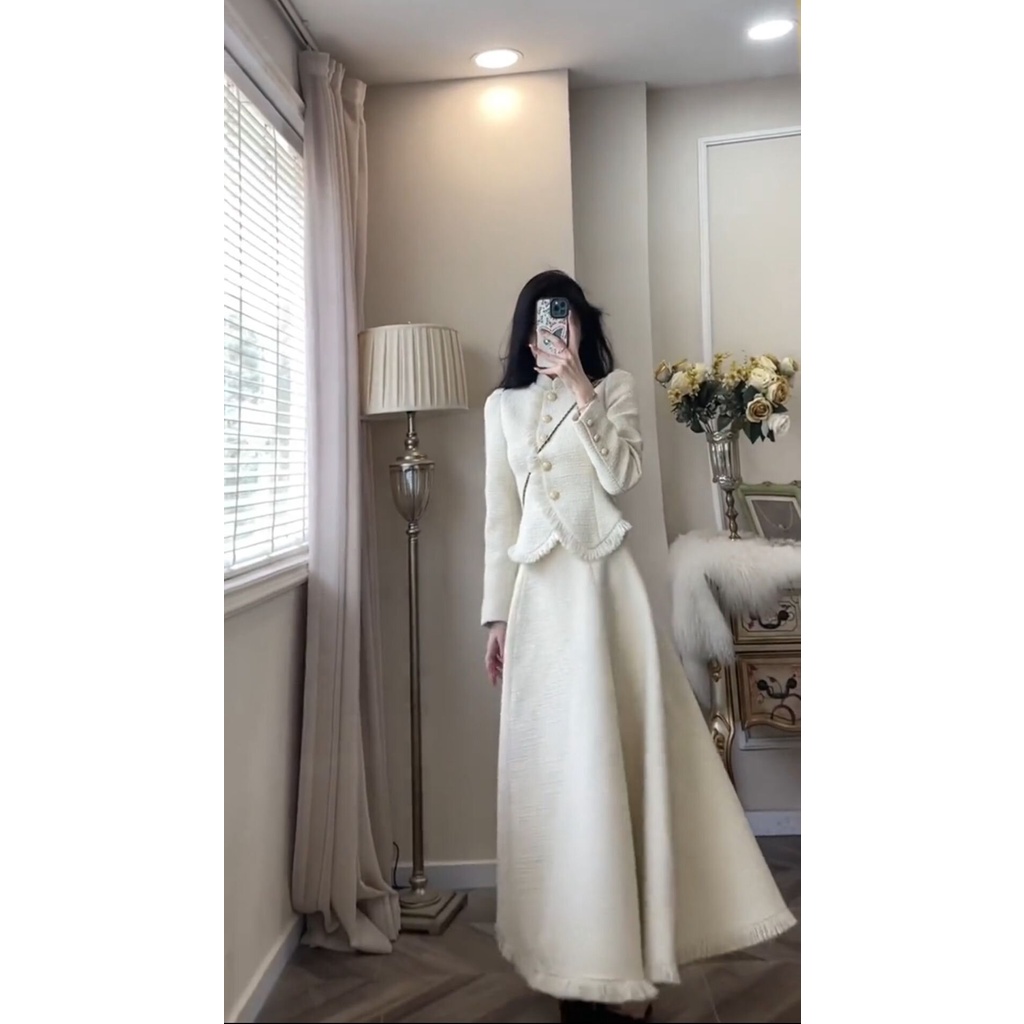 Bộ Áo Khoác + Chân Váy Xòe Dài Lưng Cao Thời Trang Retro Cá Tính Cho Nữ 2022
