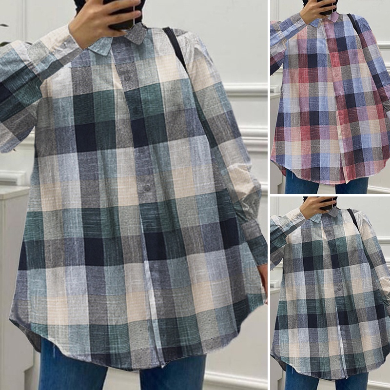 Áo sơ mi ZANZEA tay dài họa tiết sọc ca rô thời trang retro cho nữ