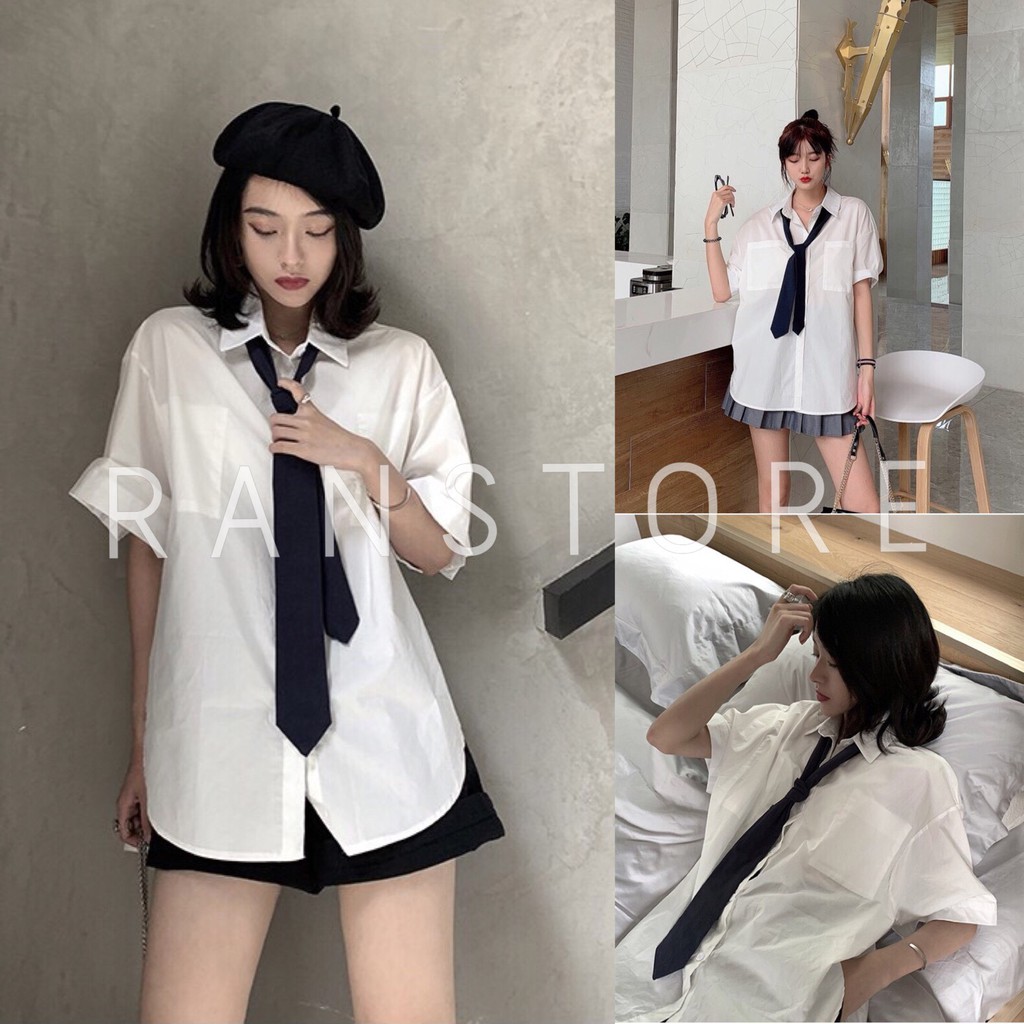 Áo sơ mi trắng cộc tay kèm cà vạt phom rộng dáng suông ulzzang hàn quốc/ Áo sơ mi nam nữ có túi dáng dài unisex cá tính