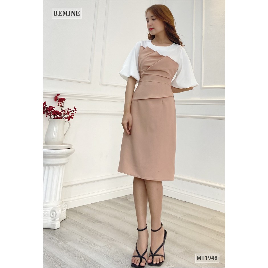 Đầm công sở xếp tầng phối trắng BEMINE MT1948NUDE | BigBuy360 - bigbuy360.vn