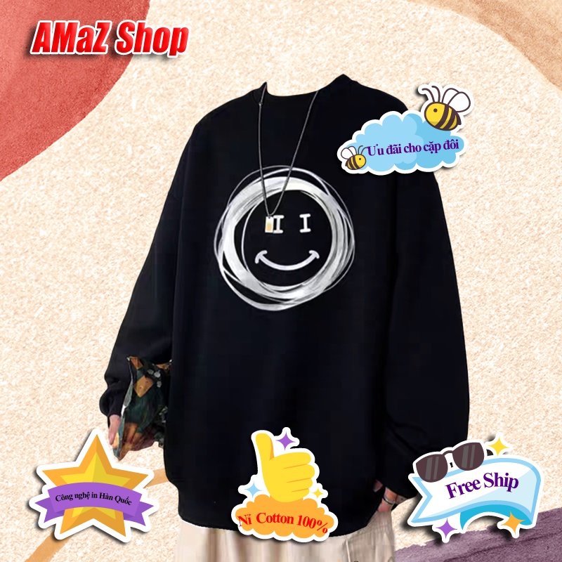 Áo sweater nam nữ, Áo nỉ nam nữ form rộng nam nữ Cotton oversize form rộng hoạ tiết mặt cười AMZ2