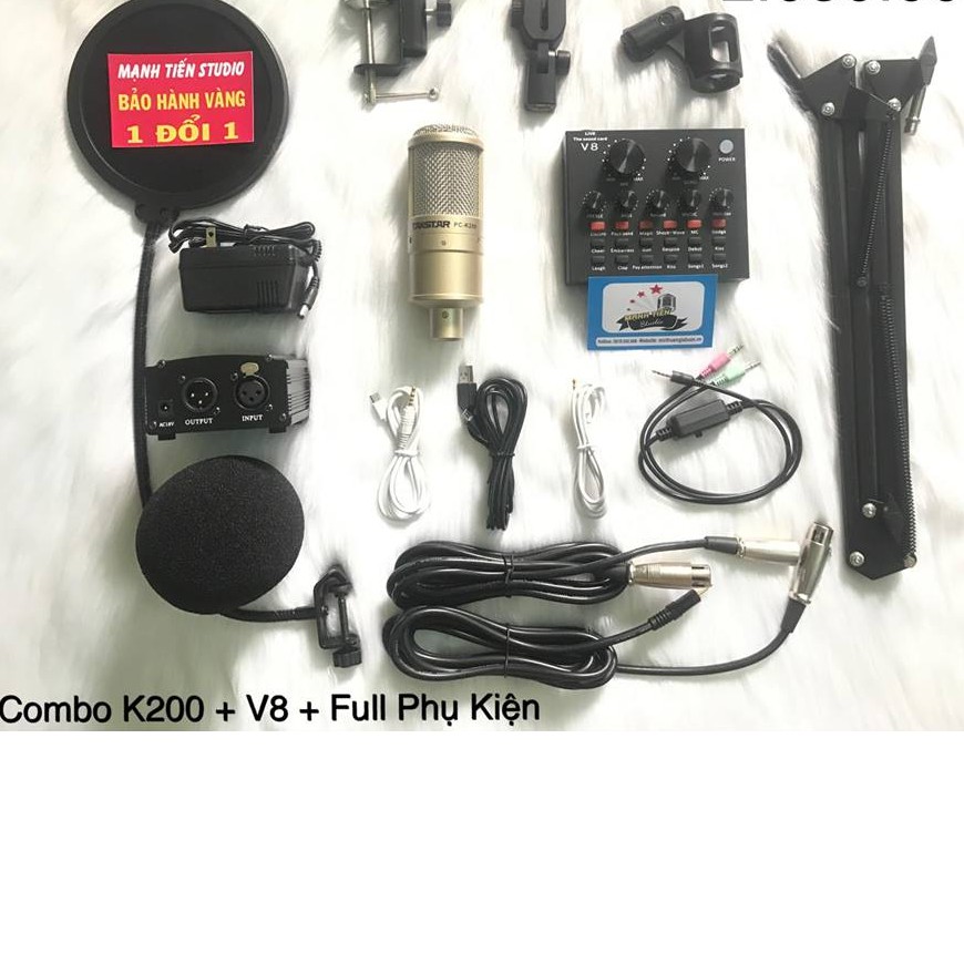 Trọn Bộ Combo Micro Takstar PC-K200 + Soundcard V8 + Full Phụ Kiện hỗ trợ tốt cho karaoke facebook, tiktok