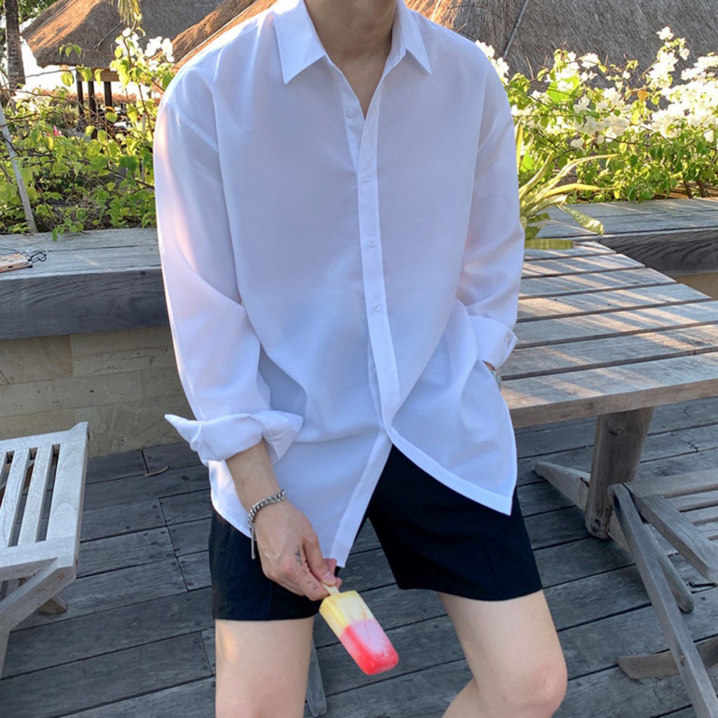Áo sơ mi nam trơn dài tay nam nữ unisex Hàn Quốc, sơ mi nam vải lụa kate cao cấp