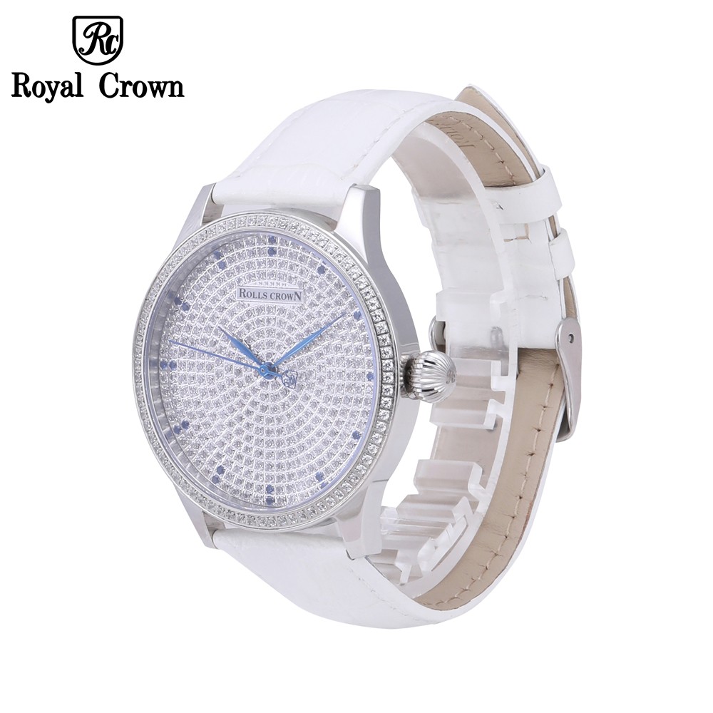 Đồng hồ nữ Chính Hãng Royal Crown 6118M-ST-B/A-W (dây da trắng vỏ trắng mặt full đá)