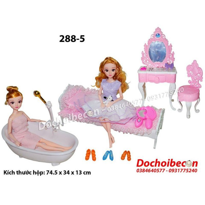 Phòng ngủ búp bê 288-5 + Kèm 2 búp bê + Bồn tắm mở nước được