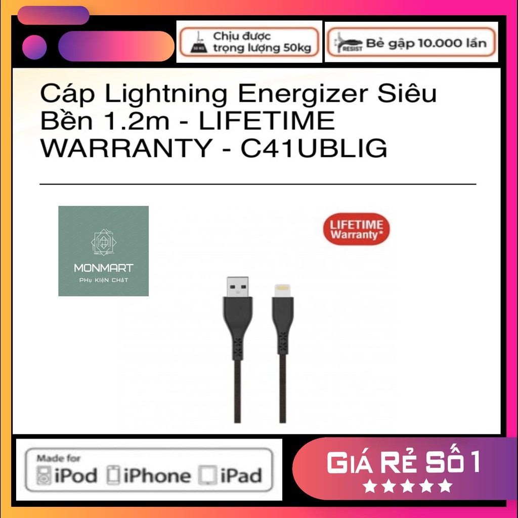 CÁP LIGHTNING ENERGIZER SIÊU BỀN 1.2M-C41UBLIG