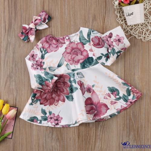 ❤XZQ-Newborn Baby Girls Long Sleeve Floral Dress Headband 2PCS Outfits Kids Clothes