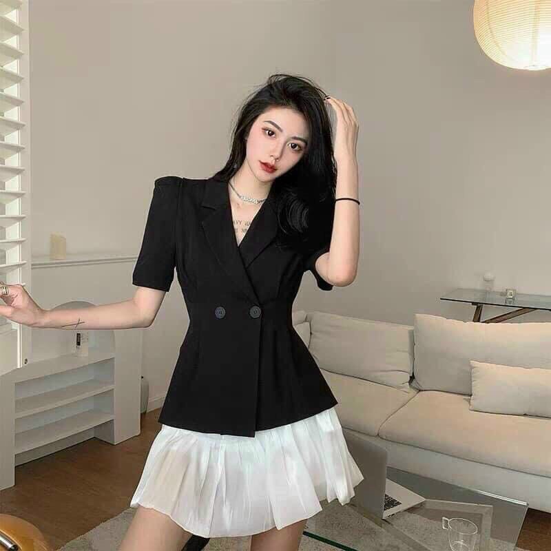 Áo Vest Blazer Tay Phồng Vạt Vuông 2 Màu Đen Trắng Sang Trọng Kèm Chân Váy HB Thiết Kế Thanh Lịch