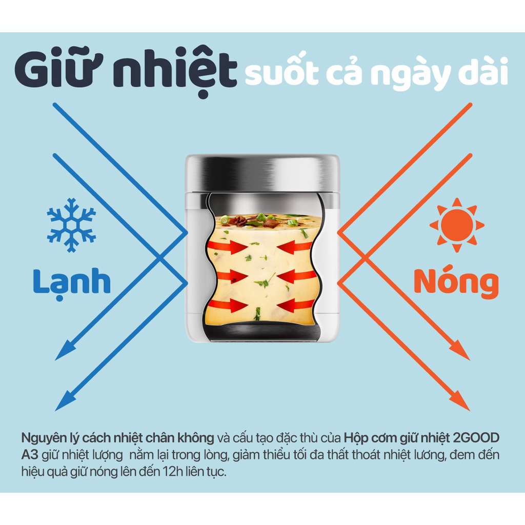Hộp Cơm Giữ Nhiệt 2GOOD Lunch Box A3  - Kèm Muỗng và Đũa Inox 304 - Bảo Hành 5 Năm