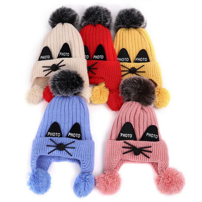 Mũ Dệt Kim Dày Dặn Giữ Ấm Mùa Đông Thêu Họa Tiết Mặt Mèo Dễ Thương Gắn Quả Bông Cho Bé Sơ Sinh
