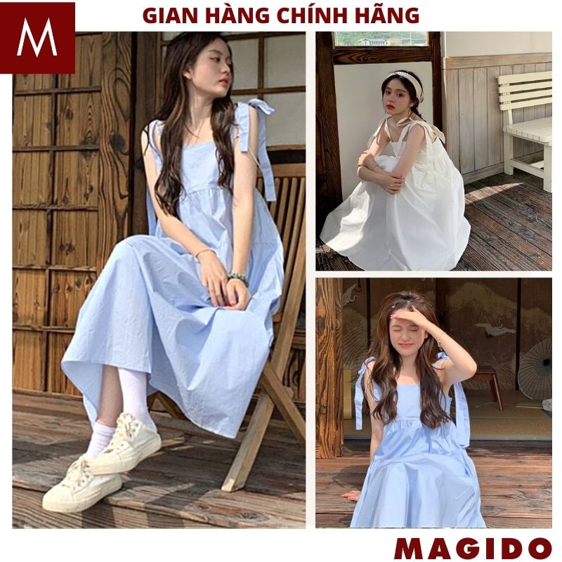 Đầm maxi đi biển babydoll 2 dây buộc nơ hàn quốc ,váy suông form to rộng -MAGIDO