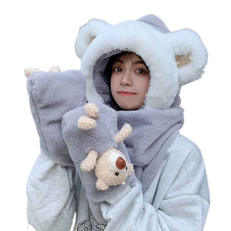 Khăn Quàng Cổ / Mũ / Găng Tay 3 Trong 1 Siêu Mềm Họa Tiết Gấu Hoạt Hình Dễ