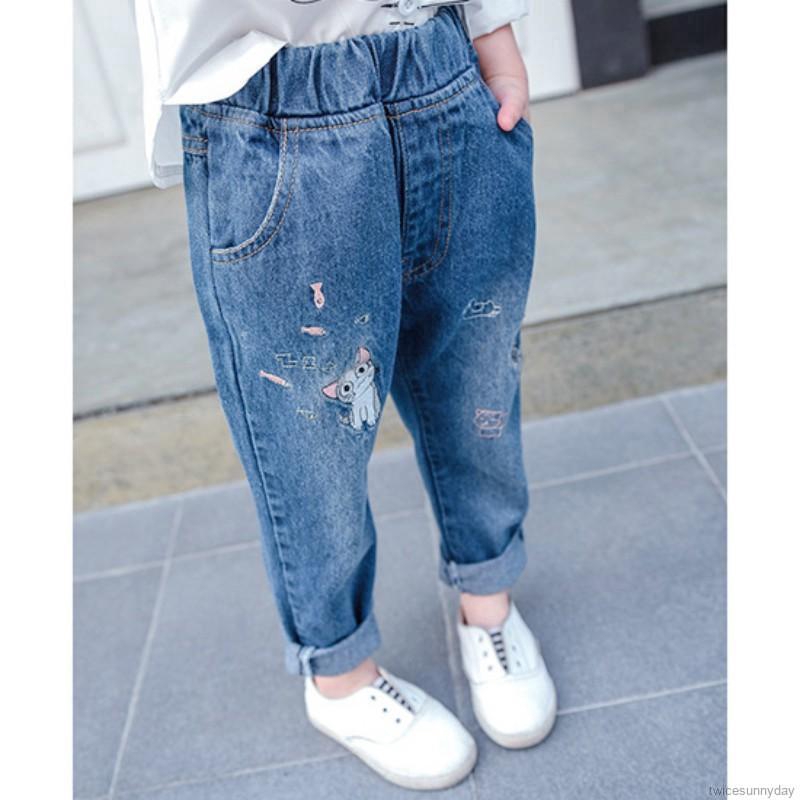 Quần Jeans Dài Wash Rách Cá Tính Cho Bé Gái